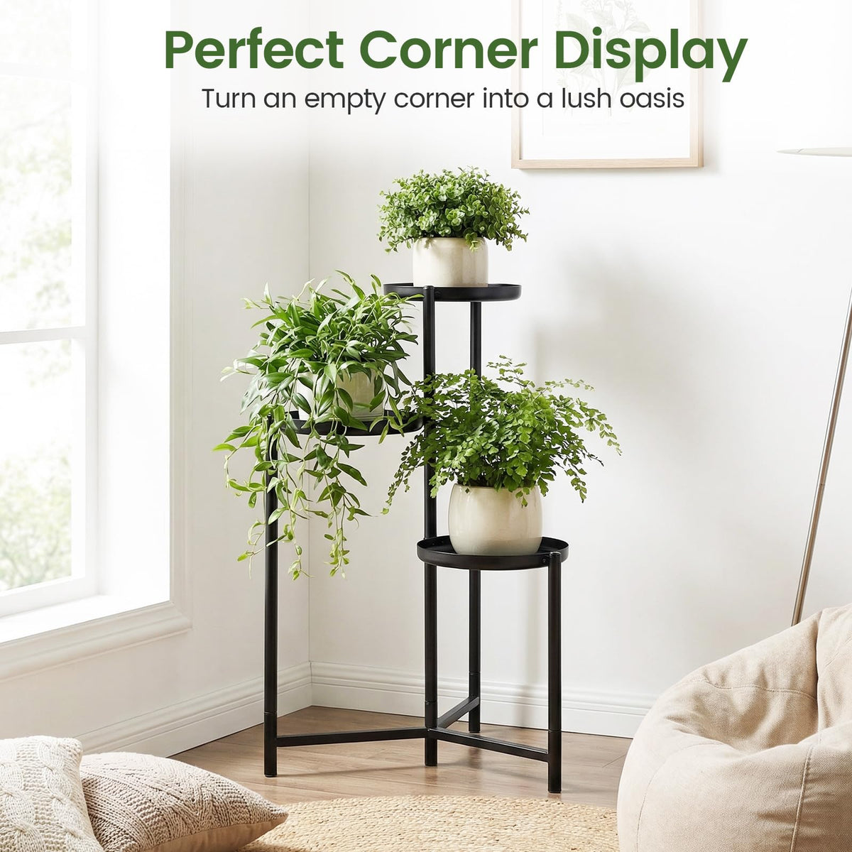 Lucktree 3-Tier Metal Tall Corner Plant Stand Indoor Outdoor