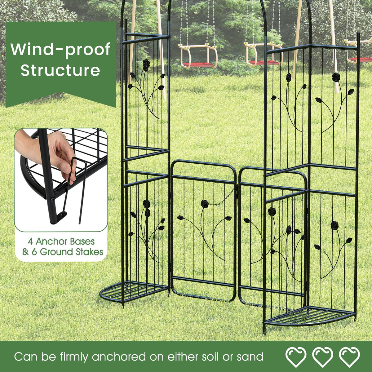 Lucktree 87'' Metal Garden Arbor with Lockable Gate and Planter Shelves