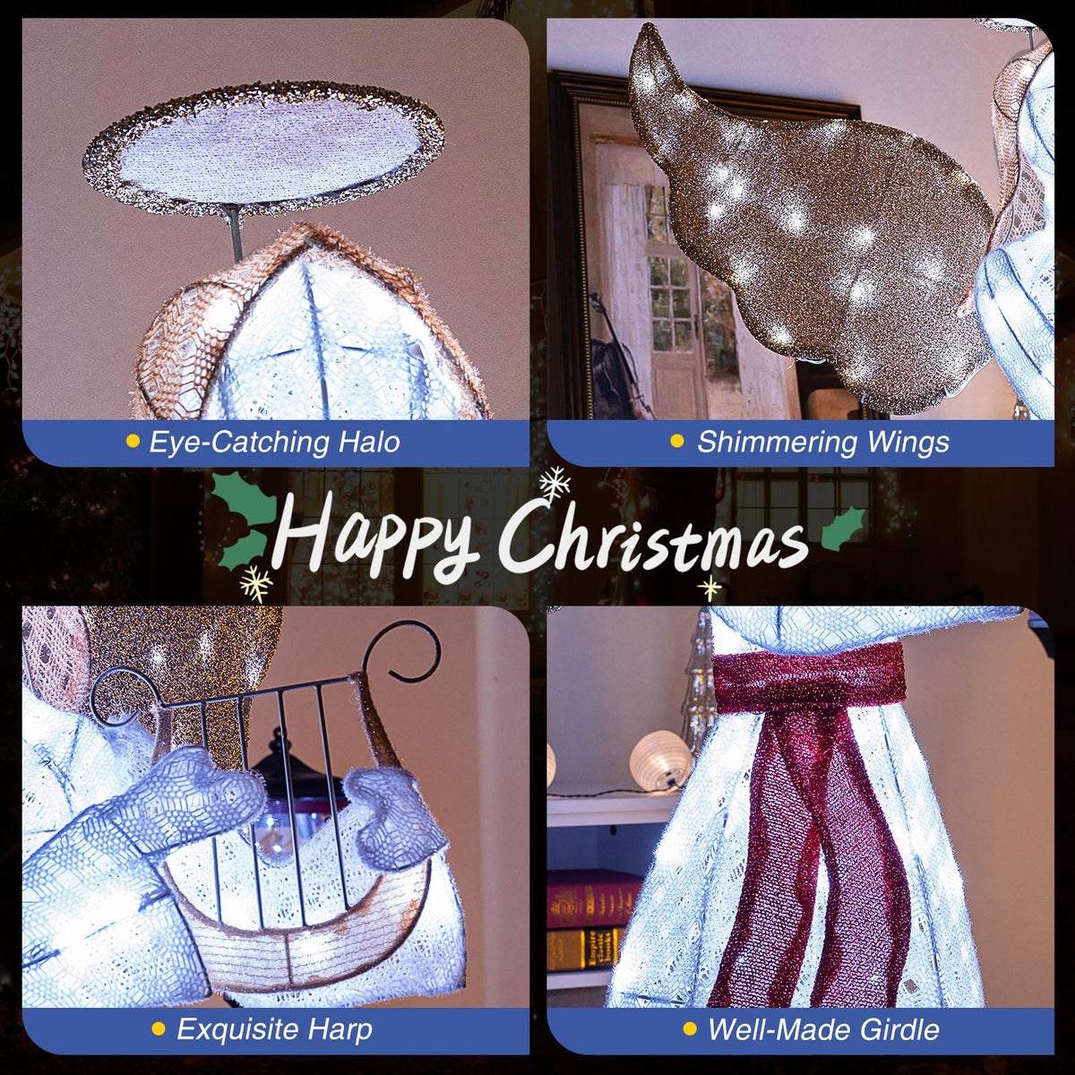 Lucktree 5 FT Christmas Lighted Angel, Pre-Lit Winged Holiday Figure Angel with 120 Cold White LED Lights