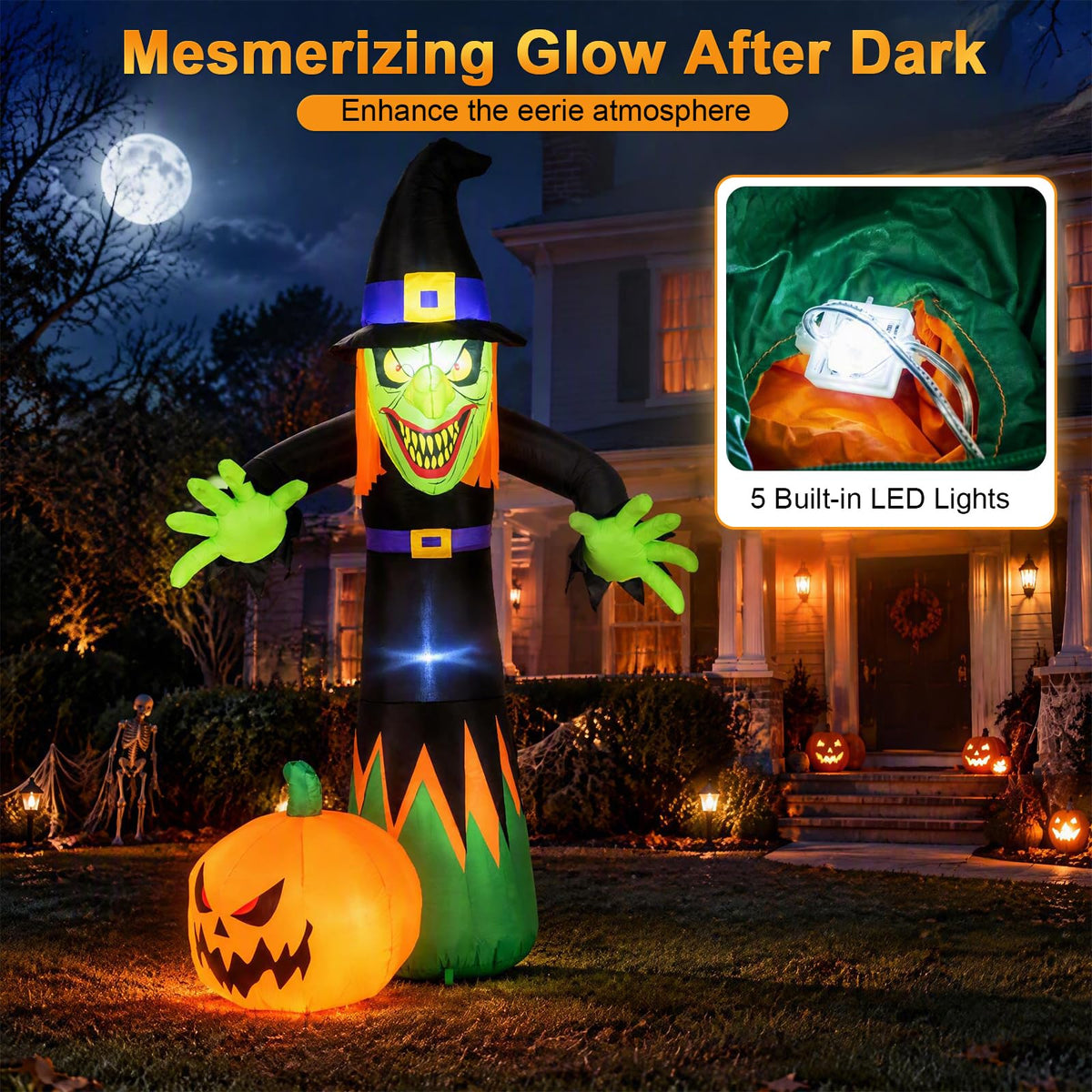 Lucktree 8 FT Halloween Inflatable Witch & Pumpkin with Built-in LED Lights