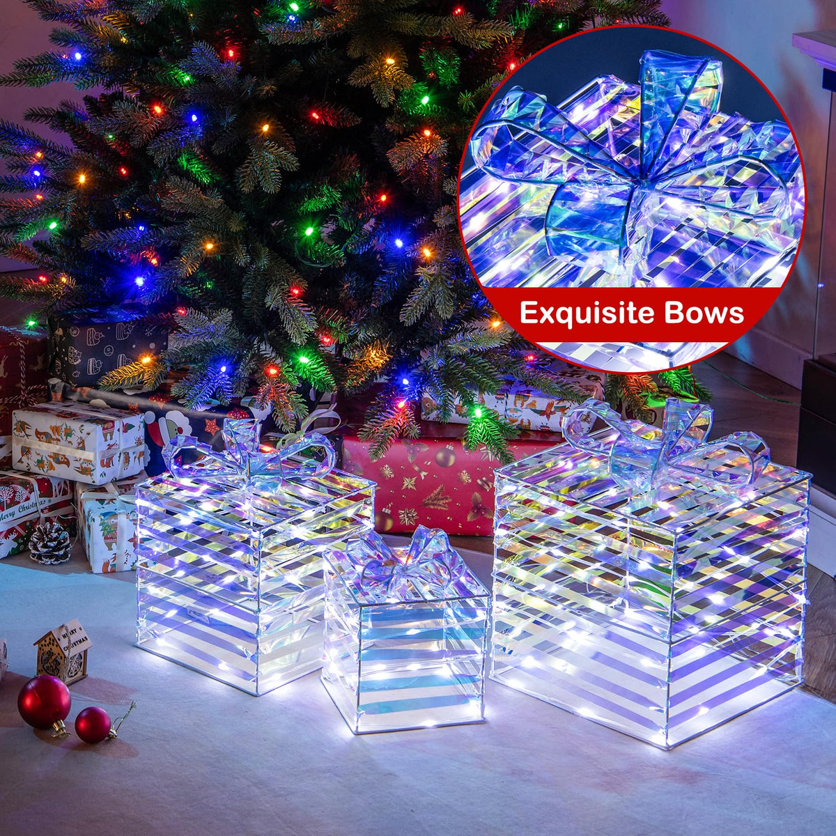 Lucktree 3 Pieces Christmas Lighted Gift Boxes, 90 LED Light up Present Boxes with Bows, Zip Ties & Ground Stakes