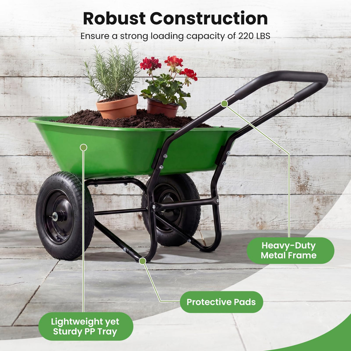 Lucktree Dual-Wheel Garden Cart for Outdoor Yard Lawn Gardening Construction Use