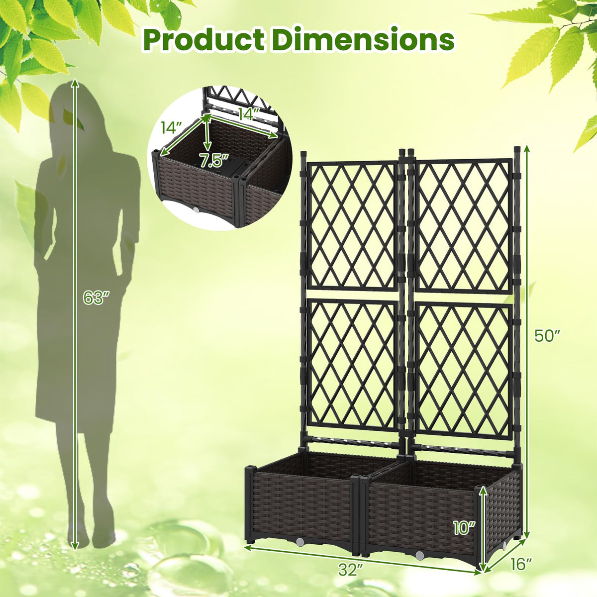 Lucktree Raised Garden Bed with Lattice Trellis Self-Watering Planter Box（32"LX16"WX50"H）
