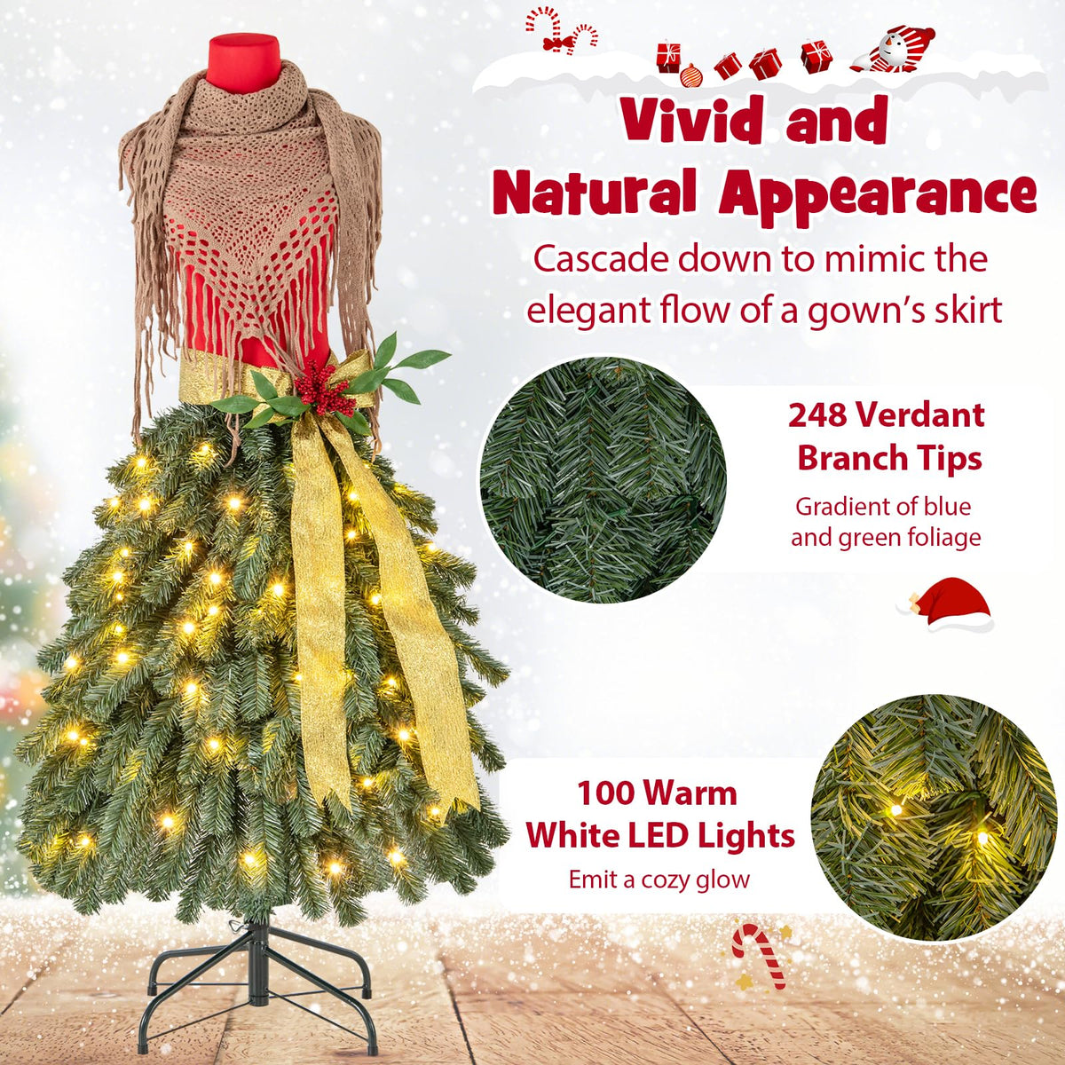 Lucktree 5ft Pre-Lit Dress Form Christmas Tree with Female Mannequin Torso & Scarf