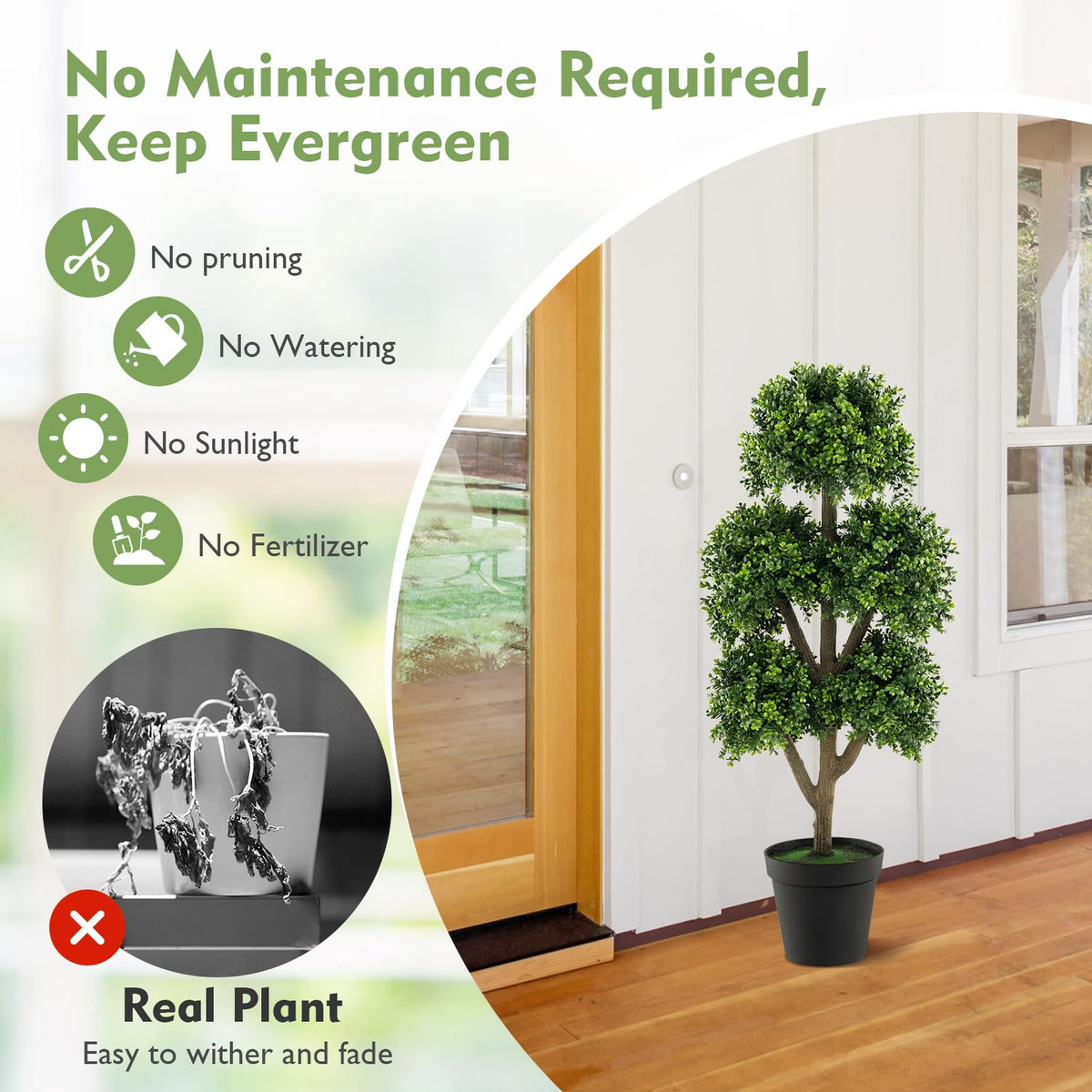 Lucktree Artificial Boxwood Topiary Tree, 45” Tall Faux Potted Plants with 5 Ball-Shaped Topiaries, Cement Flowerpot