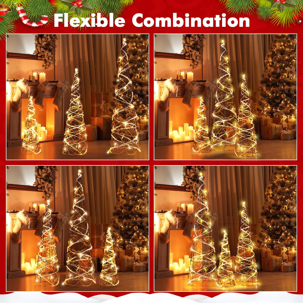 Lucktree Set of 3 Large Christmas Cone Trees, 32” 24” 16” Indoor Christmas Trees w/Warm White LED Lights