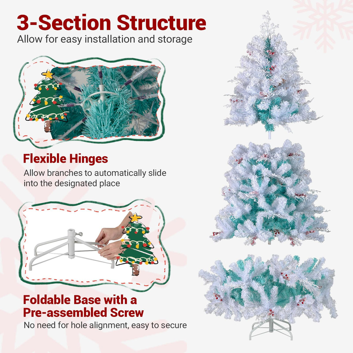 Lucktree 6FT / 7FT Hinged Lighted Xmas Tree with Snow Flocked Branch Tips & LED Lights
