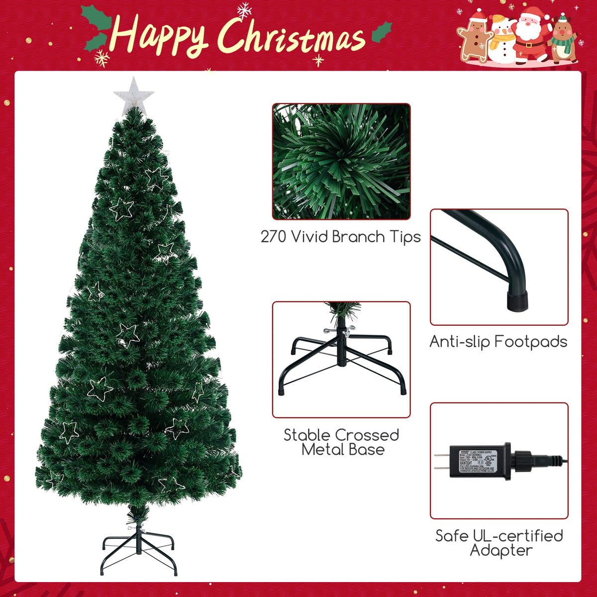 Lucktree 7ft Pre-Lit Fiber Optic Christmas Tree, Artificial Lighted Xmas Tree with 48 Warm-White Shape-Adjustable Star String Lights