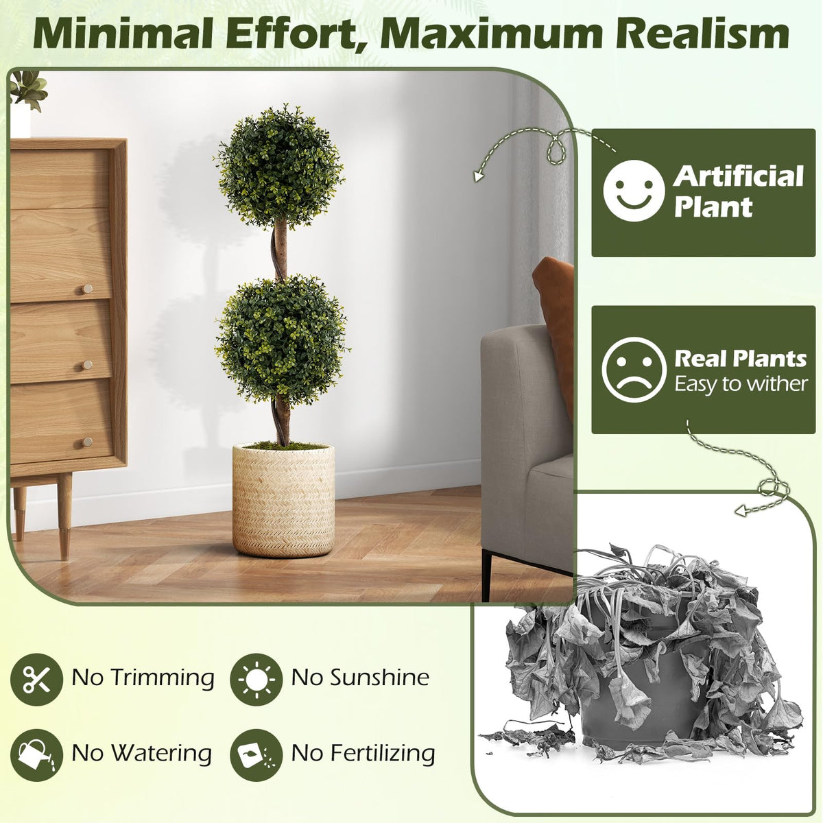 Lucktree 3 FT Artificial Boxwood Topiary Trees Set of 2 Faux Outdoor Topiary Ball Tree with Cement-Filled Pot