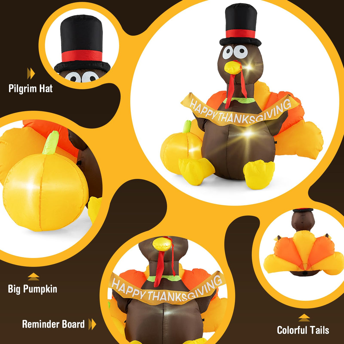 Lucktree 5 FT Thanksgiving Inflatable Turkey with Pumpkin, Blow up Decoration with LED Lights