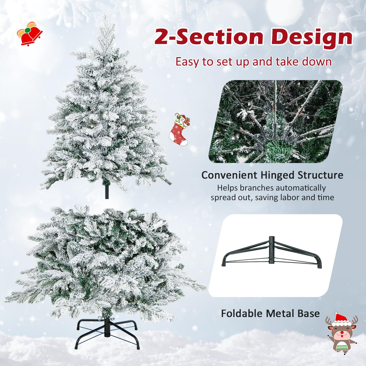 Lucktree Pre-Lit Snow Flocked Christmas Tree, Artificial Hinged Xmas Tree with Branch Tips, PE & PVC Mixed Leaves