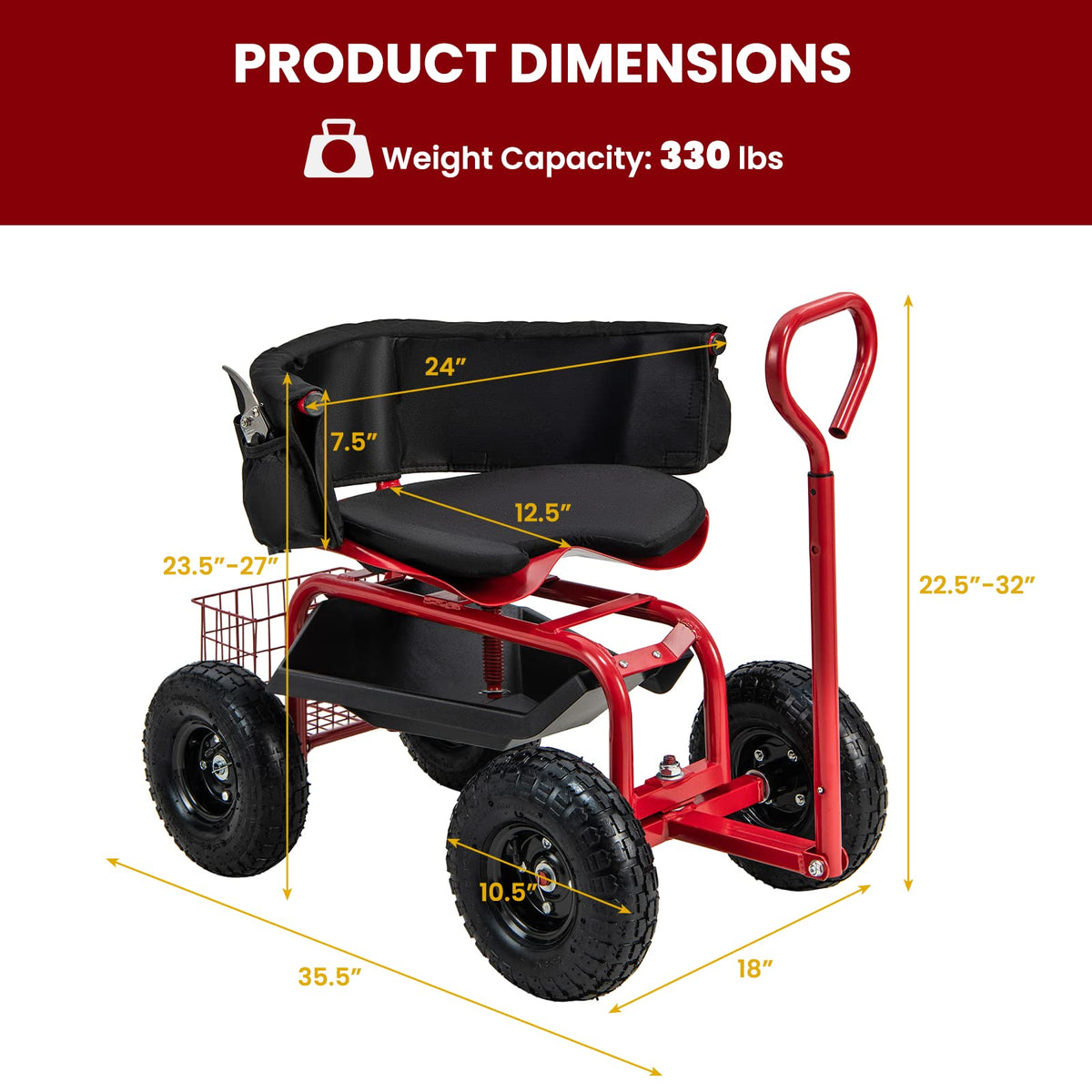 Lucktree Cushioned Rolling Garden Cart Scooter with Storage Basket and Tool Pouch
