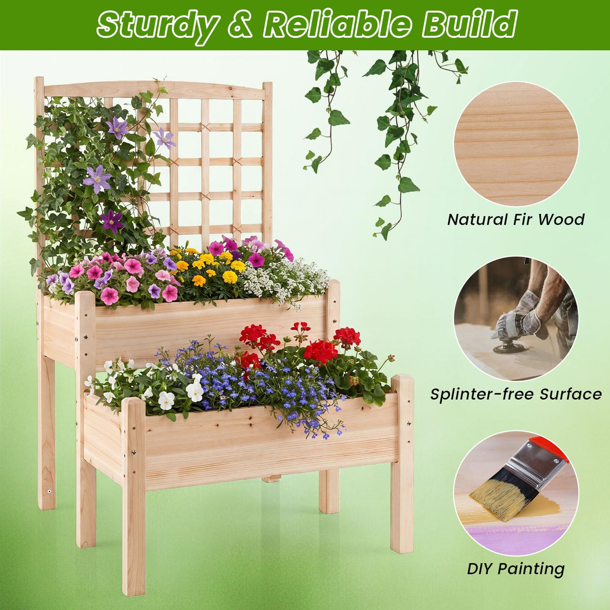 Lucktree 2-Tier Raised Garden Bed with Trellis for Climbing Plants