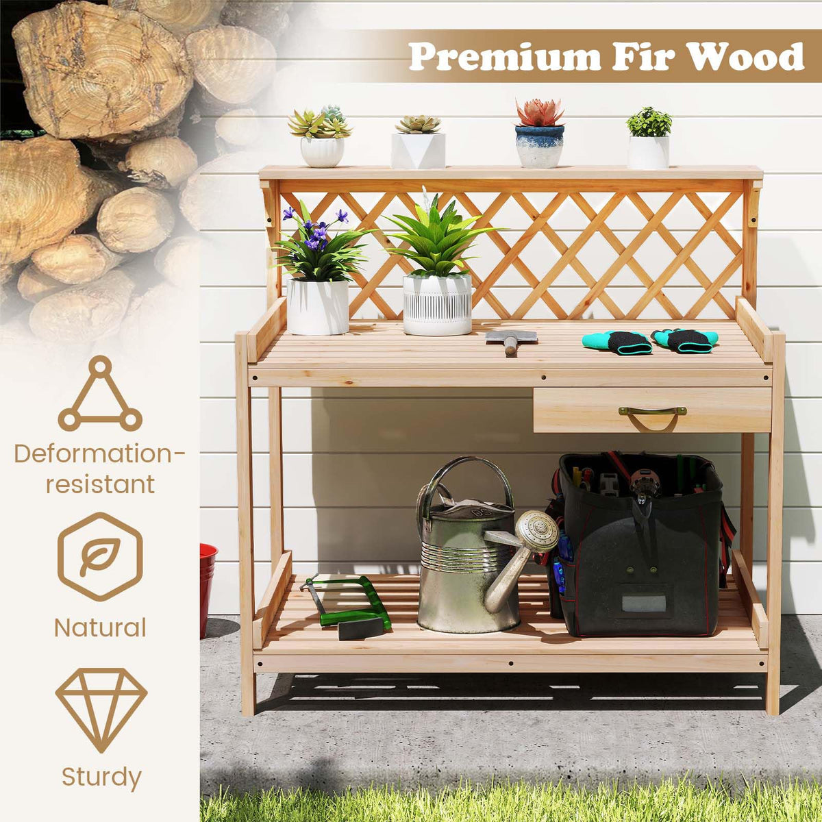 Lucktree Wood Potting Table with 3 Tier Shelves