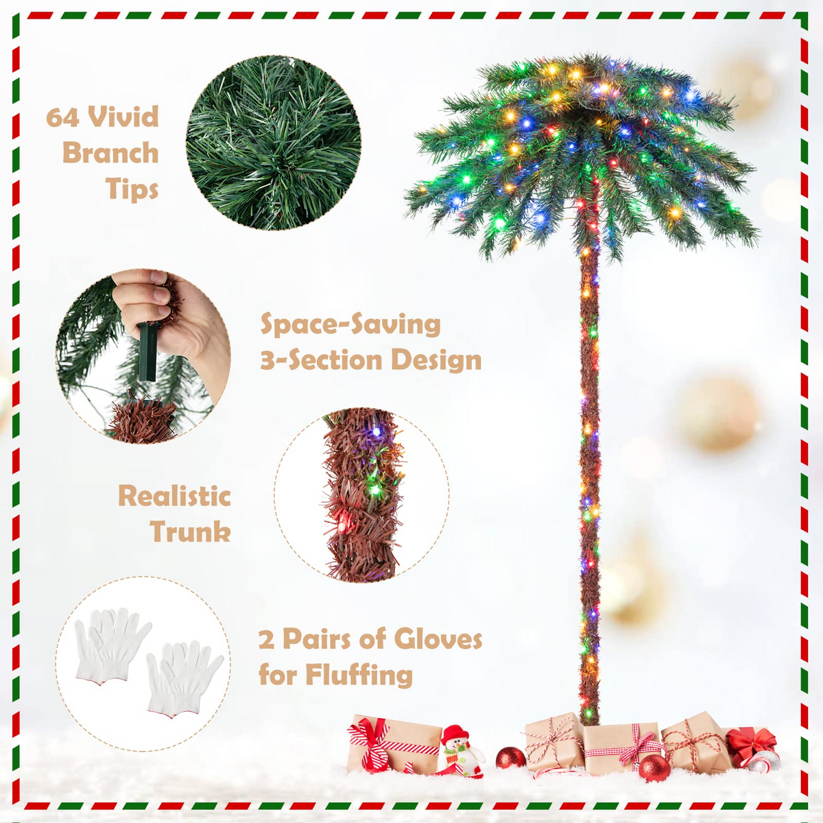 Lucktree 6 FT Pre-Lit Artificial Christmas Tree, Lighted Xmas Palm Tree W/ 210 Multi-Color LED Lights - LucktreeUS