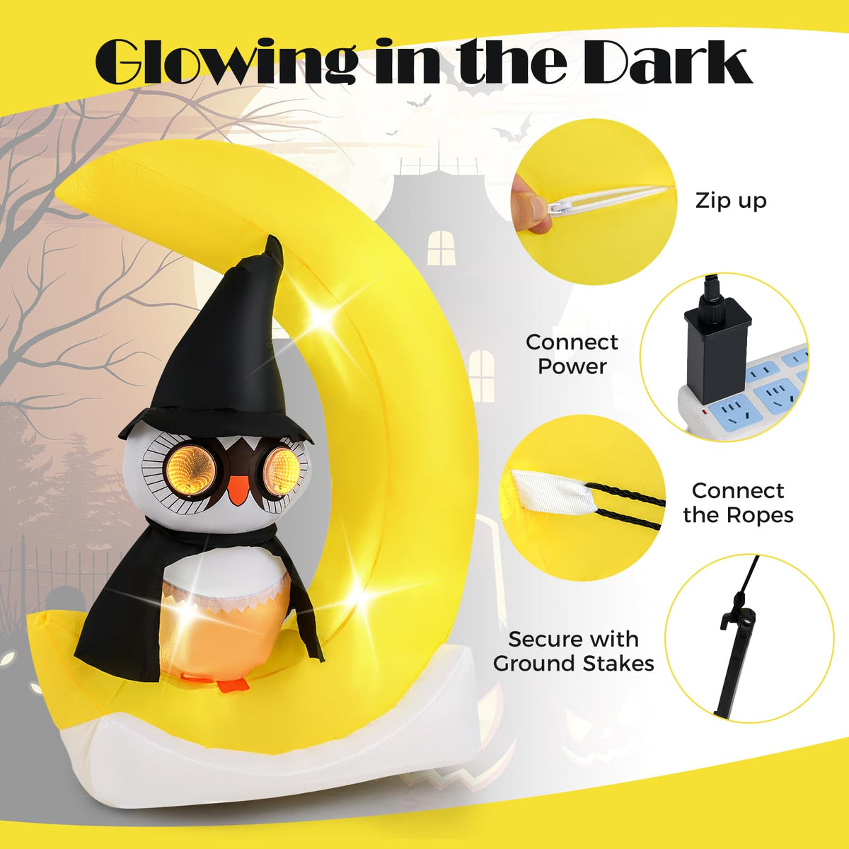 Lucktree 5.1 Ft Halloween Inflatables, Pre-Lit Owl on The Moon with Witch Hat