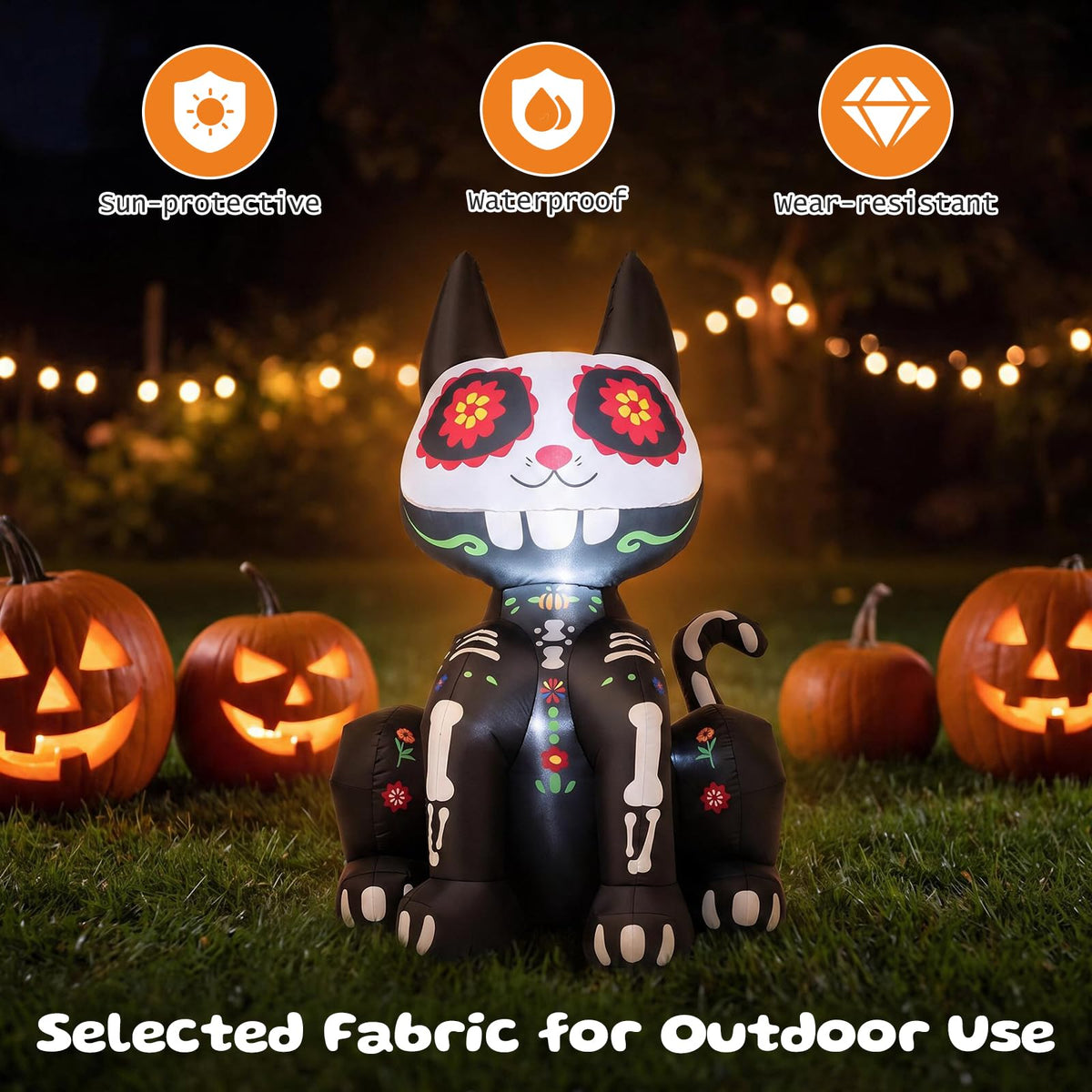 Lucktree 4 FT Day of the Dead Inflatable Skull Black Cat with LED Lights