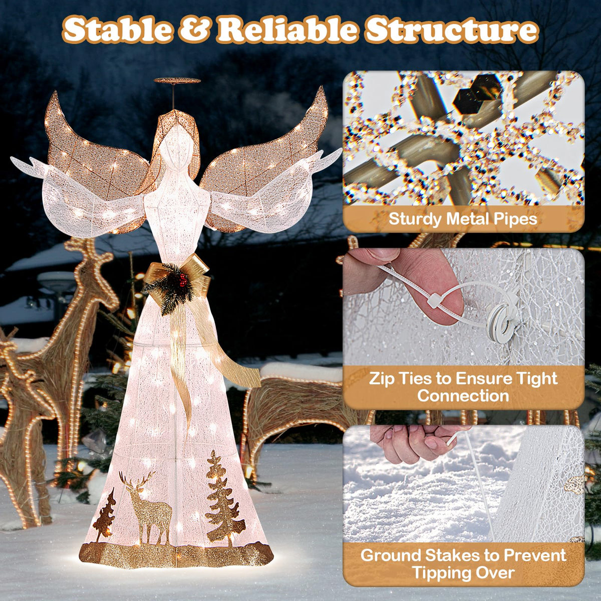 Lucktree Pre-lit 3D Glittered Angel with 100 Warm White Lights Halo Bow Ground Stakes