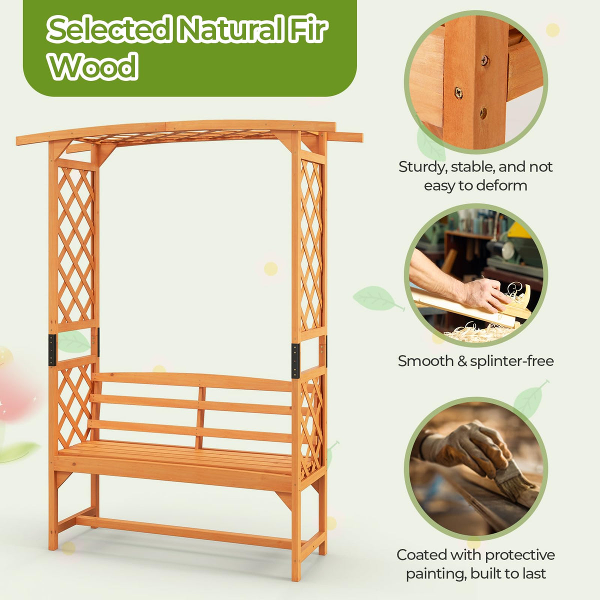 Lucktree Garden Arch Trellis with Bench - 63''W x 79''H Wooden Arbor with 2-Person Outdoor Bench