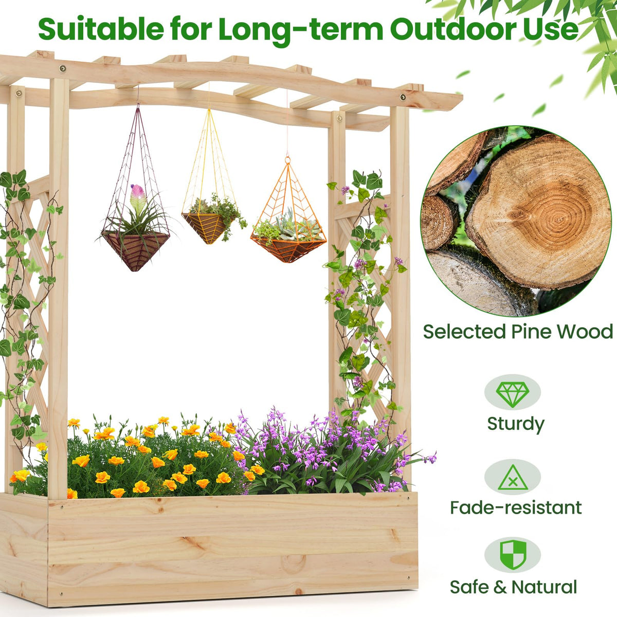 Lucktree Raised Garden Bed with Sided Trellis & Hanging Roof, Wood Planter Box, 44”x14”x45” (L x W x H)