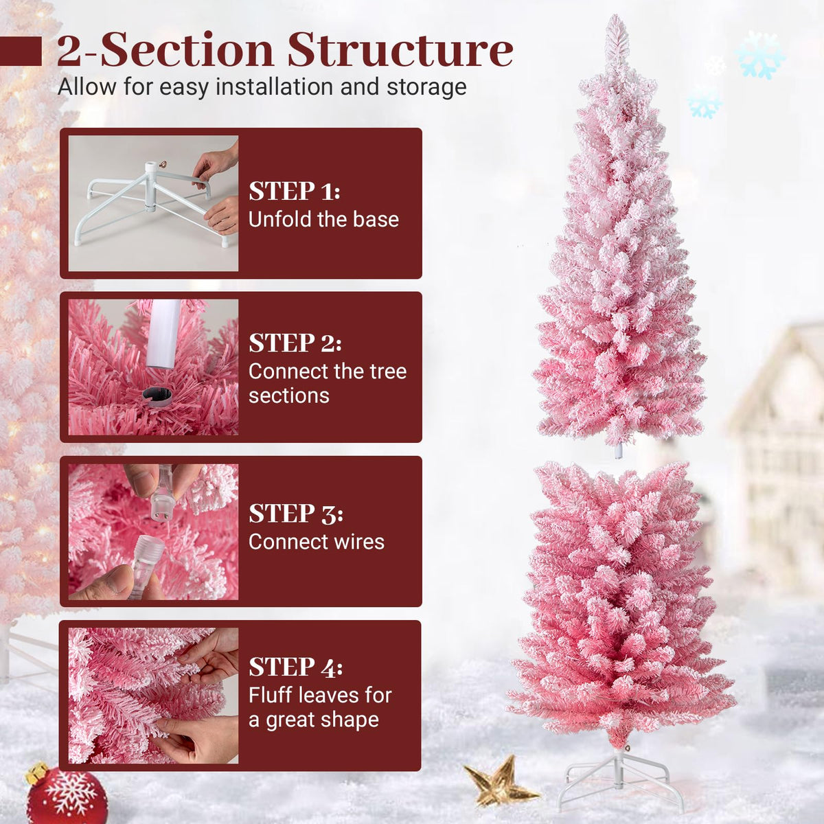 Lucktree 6ft / 7ft Pink Slim Pencil Christmas Tree | Pre-lit Snow Flocked Artificial Skinny Xmas Tree