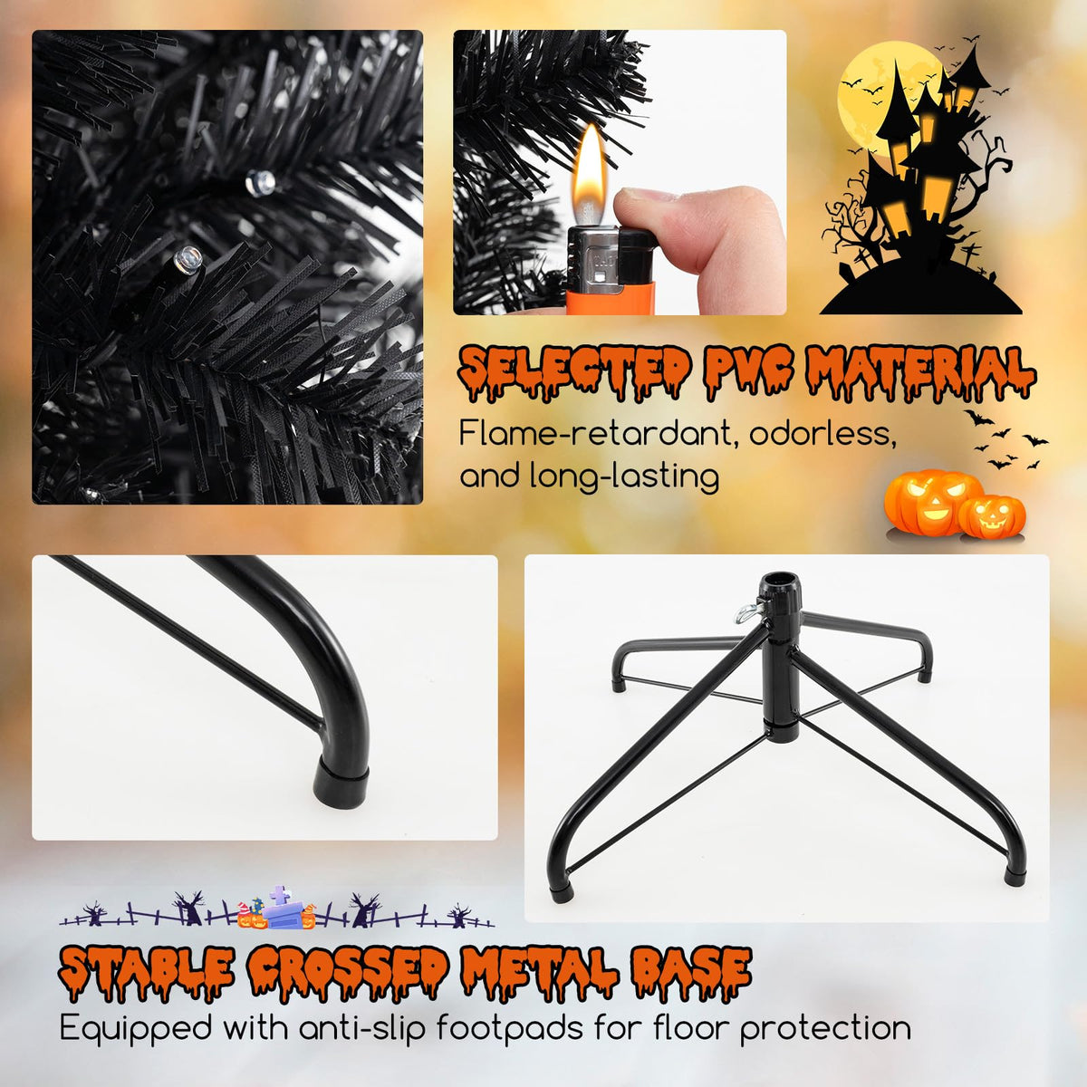 Lucktree 6/7/8 FT Pre-Lit Black Halloween Tree, Artificial Hinged Christmas Tree with 280/380/500 Orange & Purple LED Lights