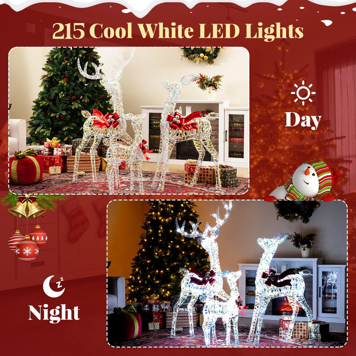 Lucktree 3-Piece Christmas Lighted Iridescent Reindeer Family Set with 215 Cold White LED Lights and Ground Stakes