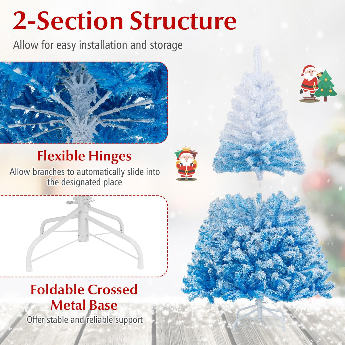 Lucktree Snow Flocked Christmas Tree with Lush Branch Tips & Foldable Metal Stan ( Blue Gradient & White )
