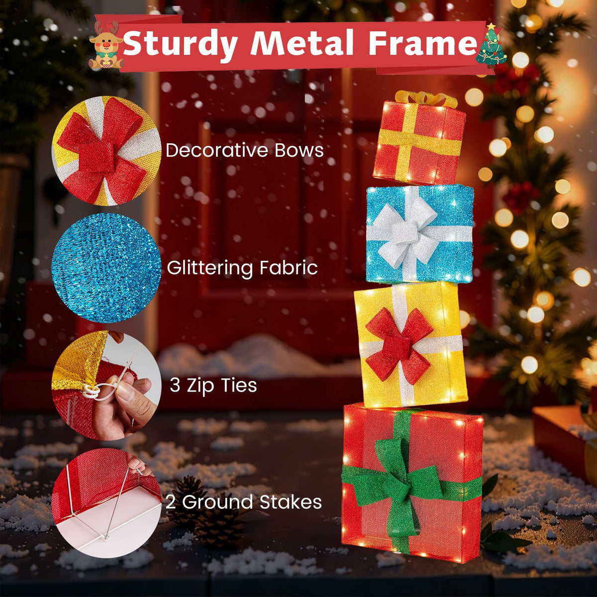 Lucktree 4 Ft Lighted Gift Boxes Stackable, Pre-lit Xmas Boxes Decoration w/LED Lights