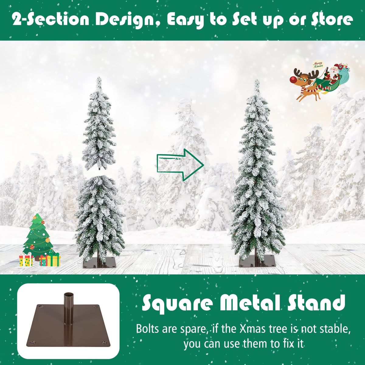 Lucktree Pre-Lit Flocked Pencil Christmas Tree Artificial Slim Xmas Tree