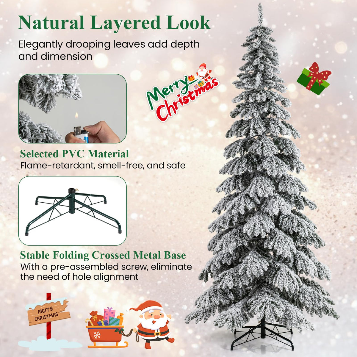 Lucktree 9 FT Pre-Lit Snow Flocked Drooping Christmas Tree with Quick Power Connectors