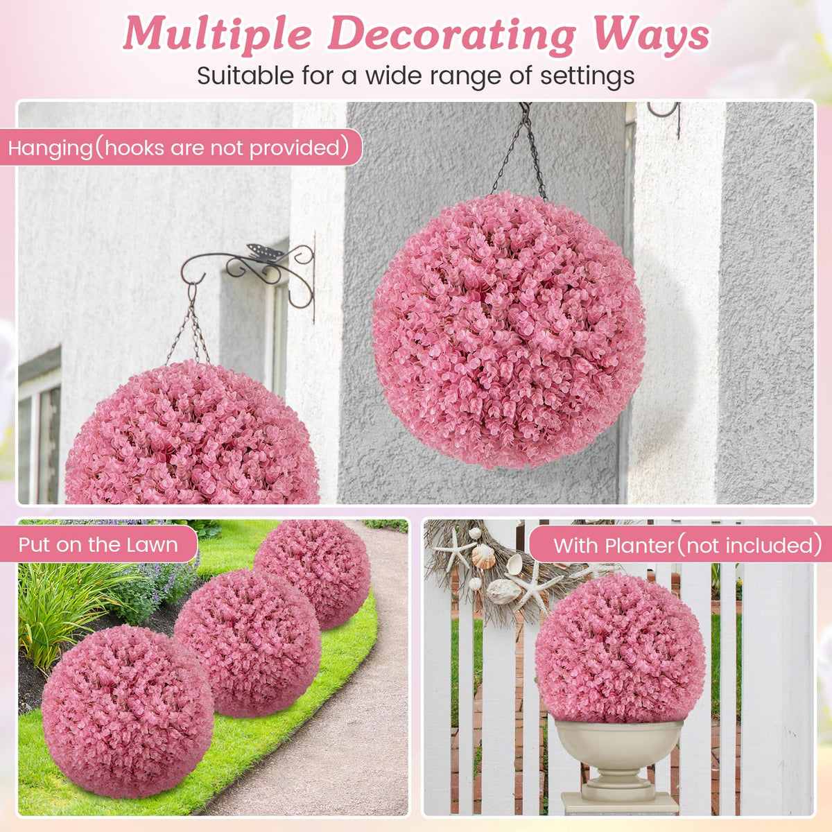 Lucktree 17.5 Inch Topiary Balls Artificial Outdoor Set of 2, Faux Pink Eucalyptus Decorative Balls