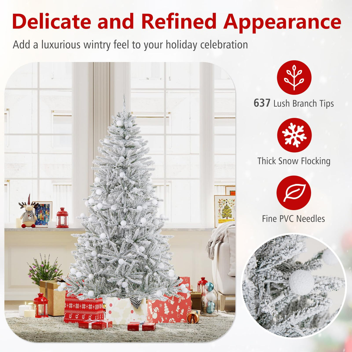 Lucktree Pre-Lit Snow Flocked Christmas Tree with Warm White LED Lights & Globe Lights