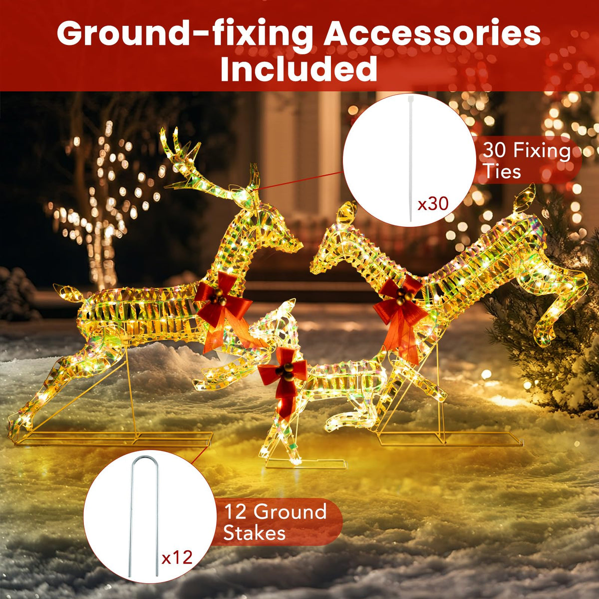 Lucktree Christmas Lighted Reindeer, Set of 3 Reindeer Decorations with LED Lights and Red Bows