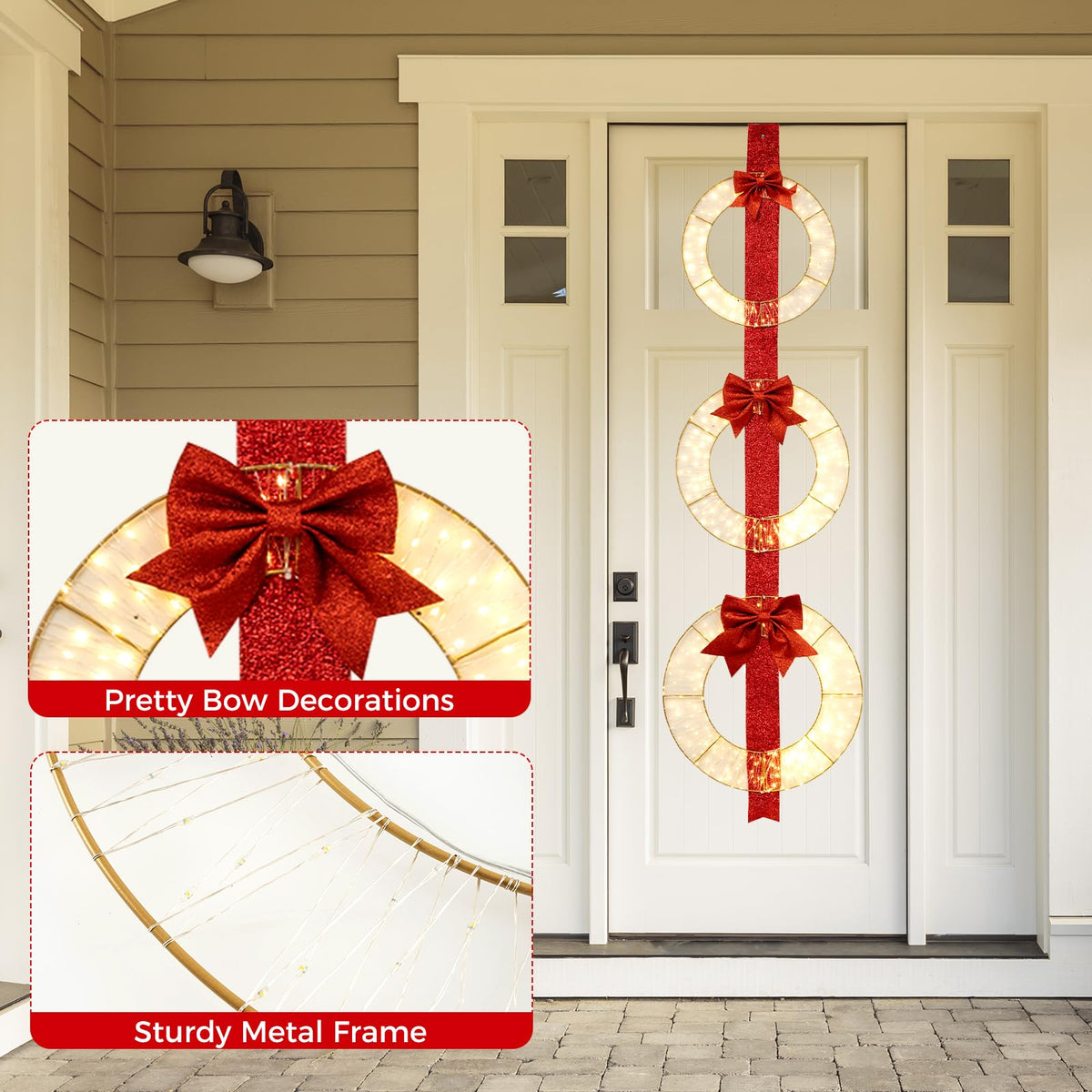 Lucktree Set of 3 Pre-Lit Wreaths, 5.8 FT Xmas Light-up Decorations on Red Ribbon with 450 LED Lights