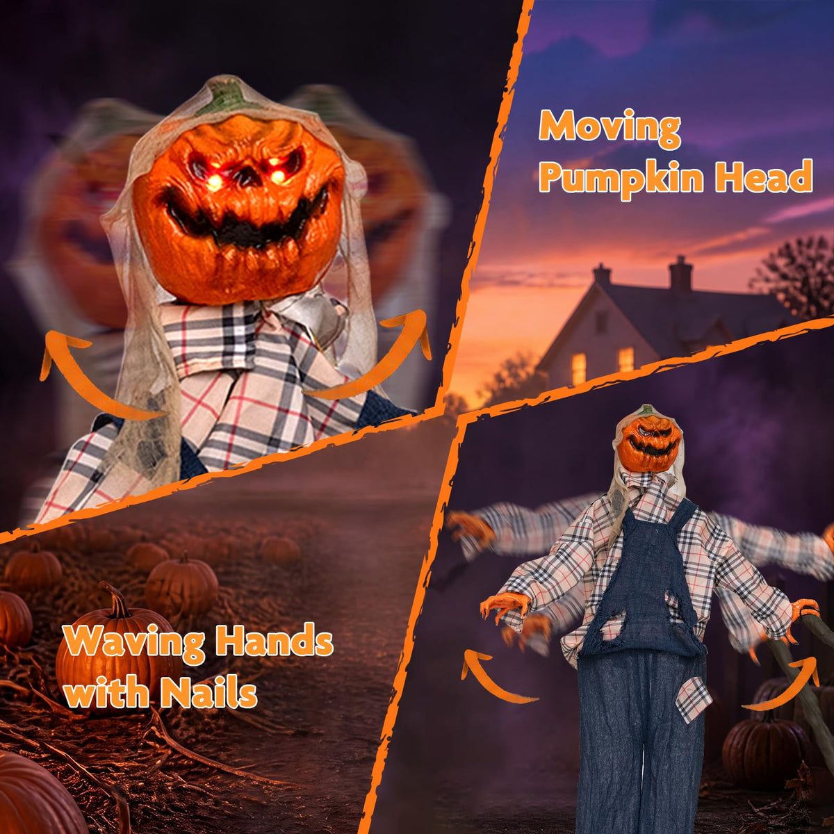 5.3 FT Animated Halloween Standing Pumpkin Scarecrow with Shovel