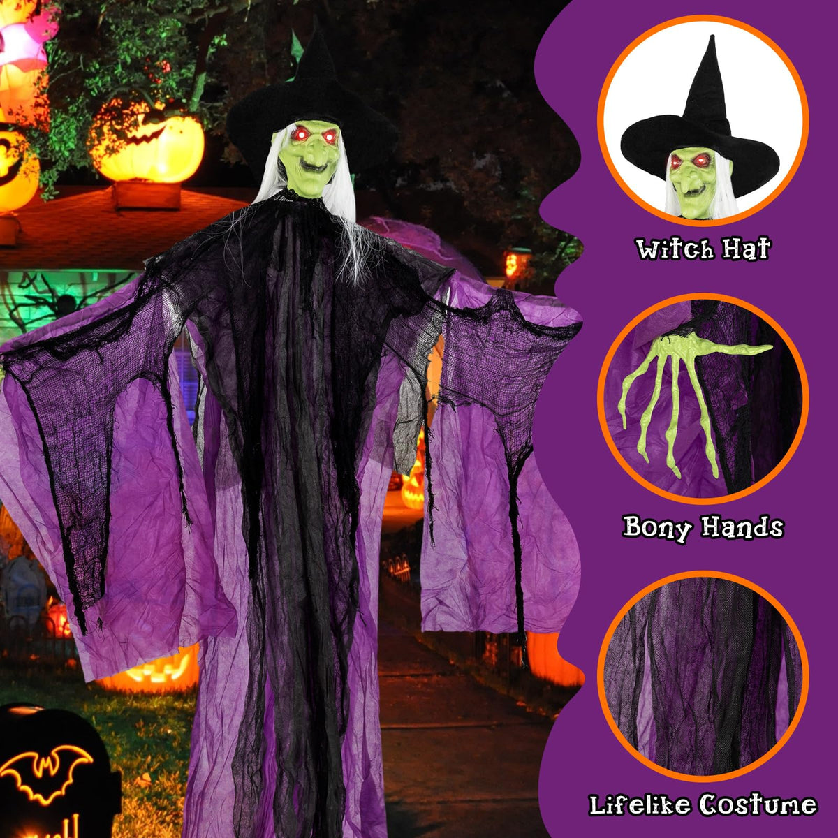Lucktree 7.2 FT Halloween Animatronic Witch, Animated Standing Poseable Figure with Light up Eyes