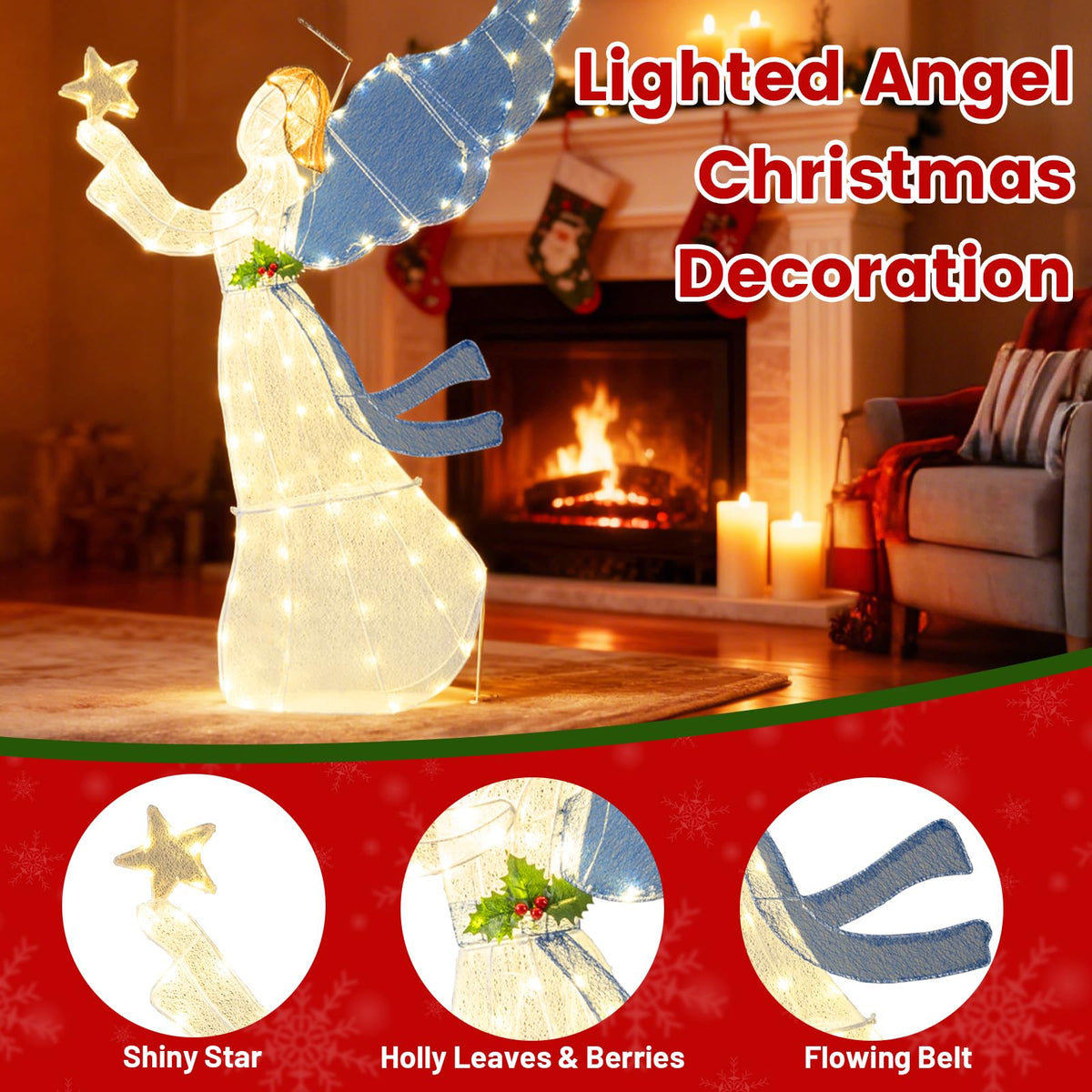 Lucktree 5 Ft Lighted Christmas Angel with Star Halo Spreading Wings