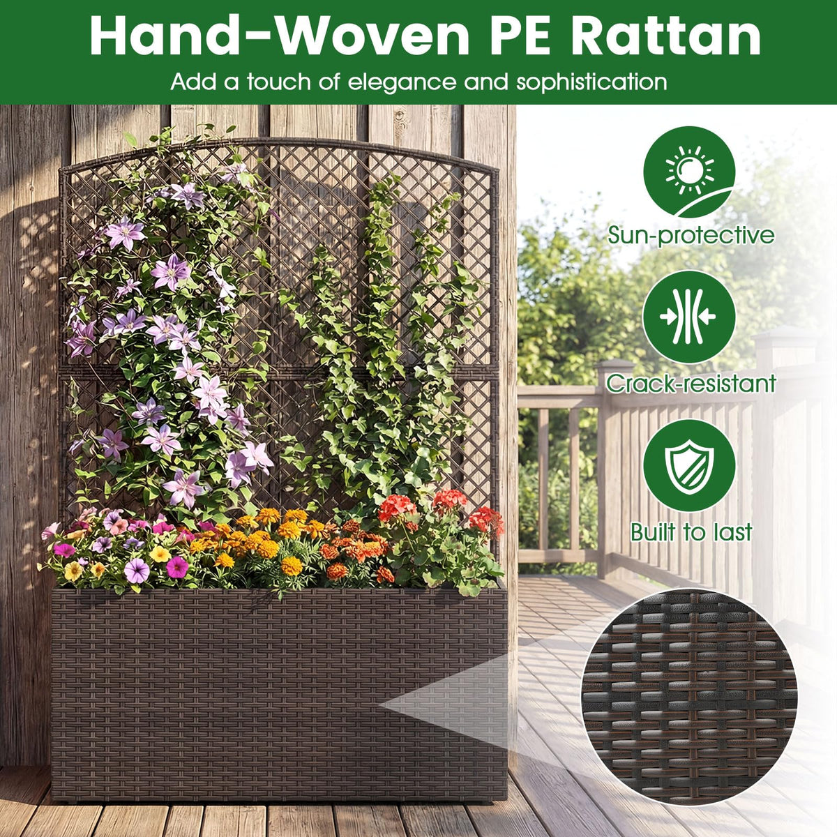 Lucktree Raised Garden Bed with Trellis | 58'' Tall PE Rattan Planter Box w/Liner & Drainage