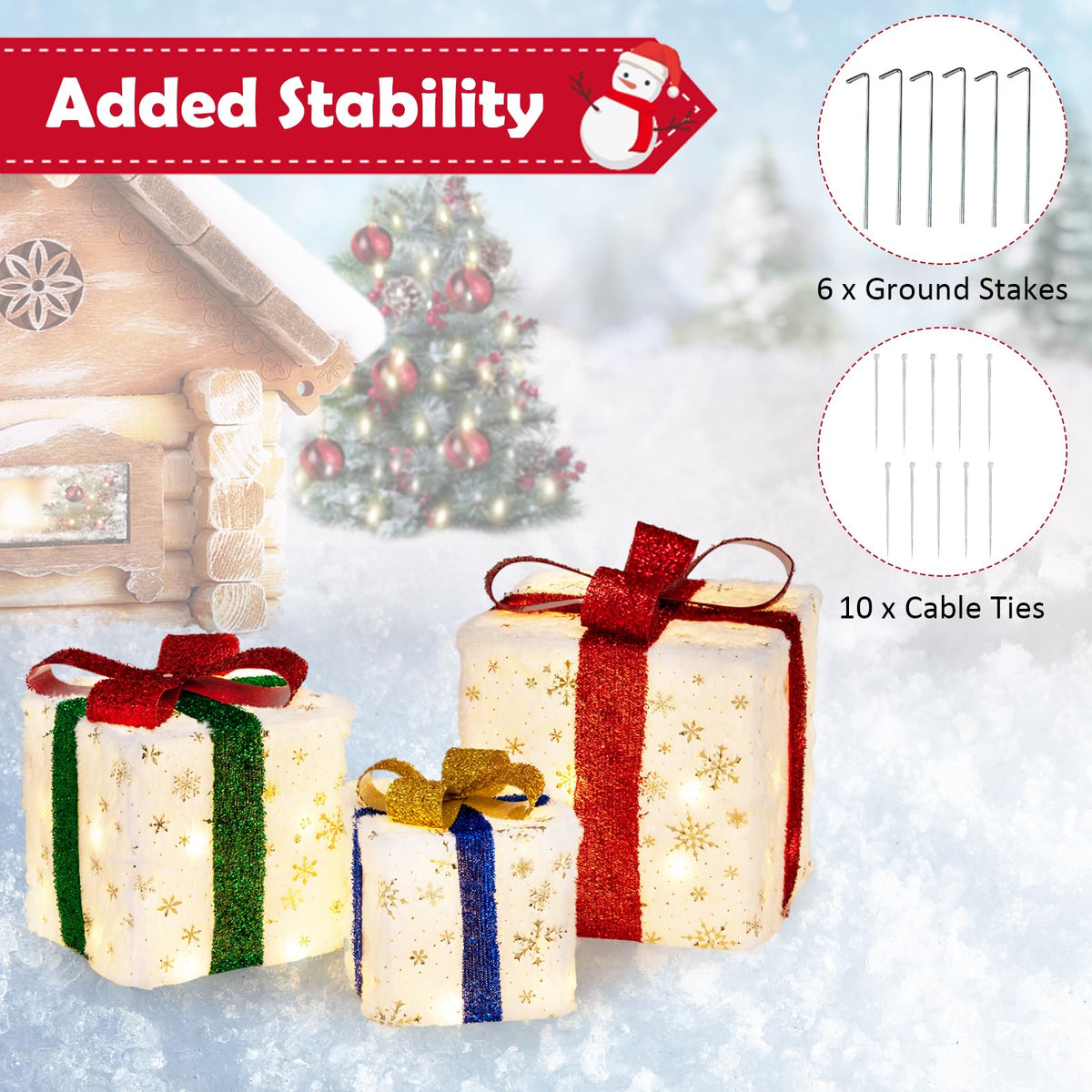 Lucktree Set of 3 Christmas Lighted Gift Boxes, Pre-lit Christmas Decoration with 48 Bright Warm Lights
