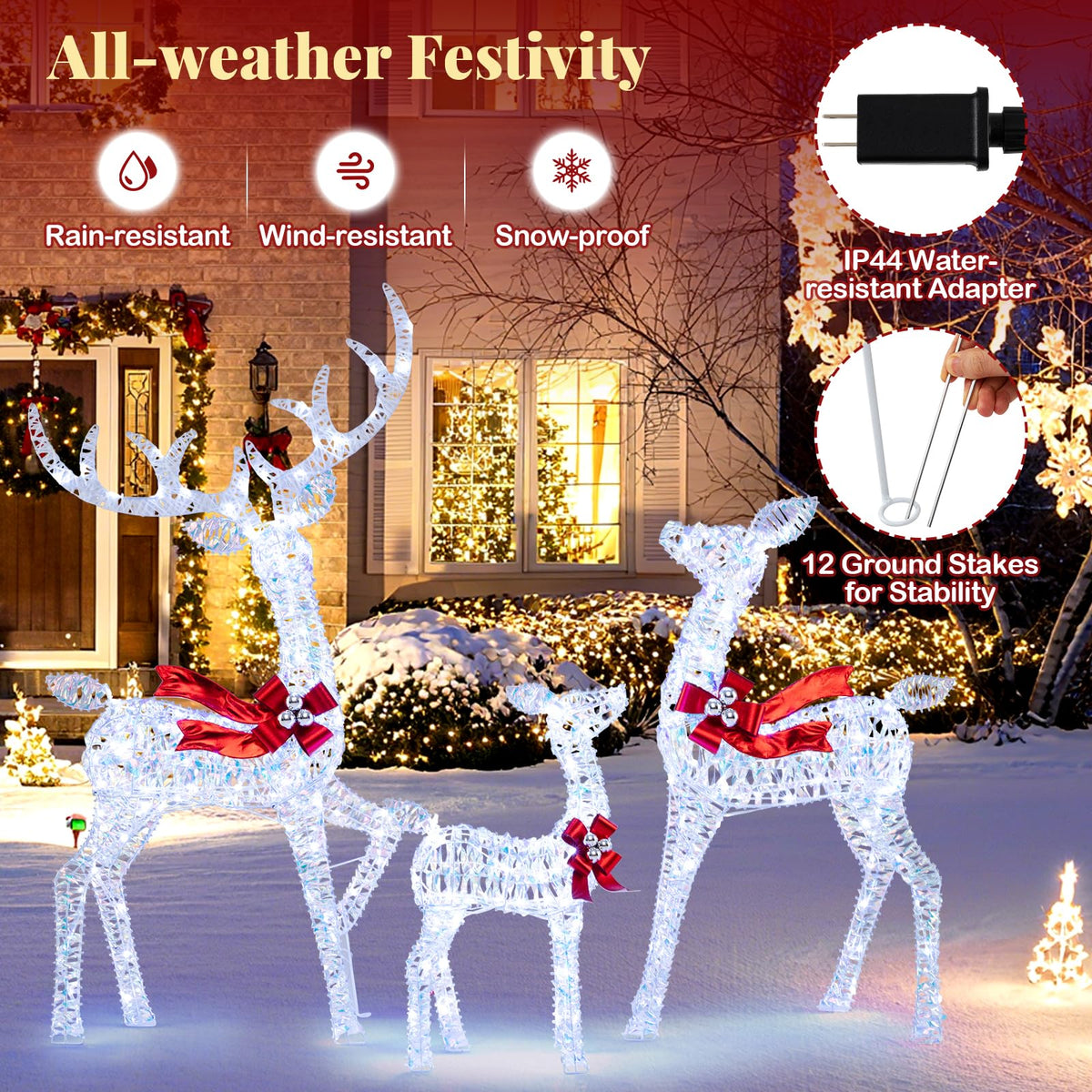 Lucktree 3-Piece Christmas Lighted Iridescent Reindeer Family Set with 215 Cold White LED Lights and Ground Stakes