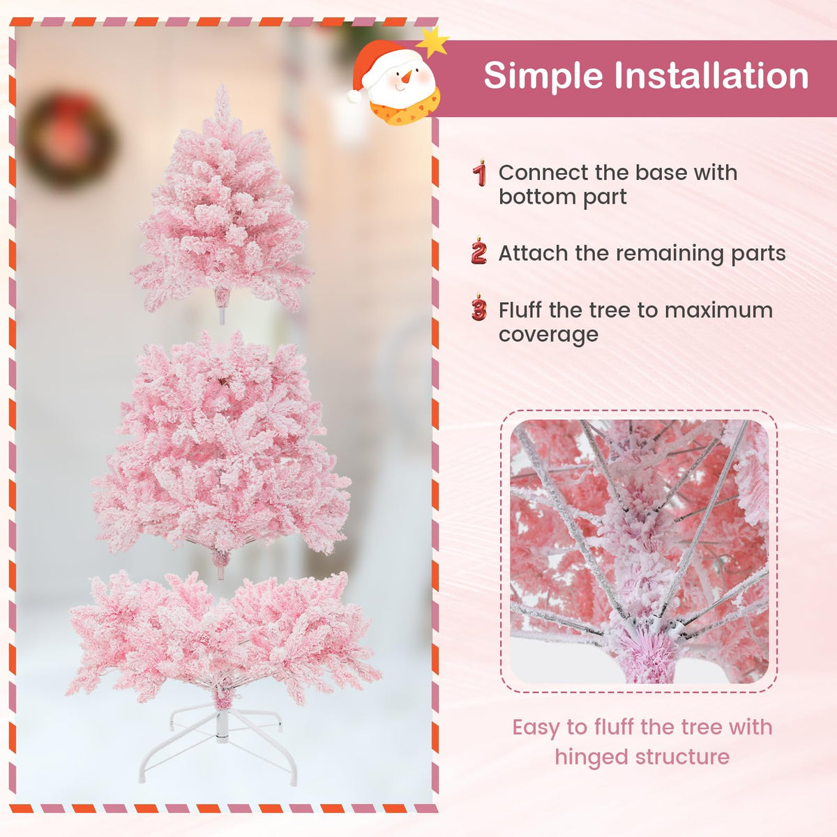 Lucktree 6FT Pink Pre-lit Christmas Tree, Hinged Snow Flocked Artificial Xmas Tree, Seasonal Holiday Decoration for Office Home