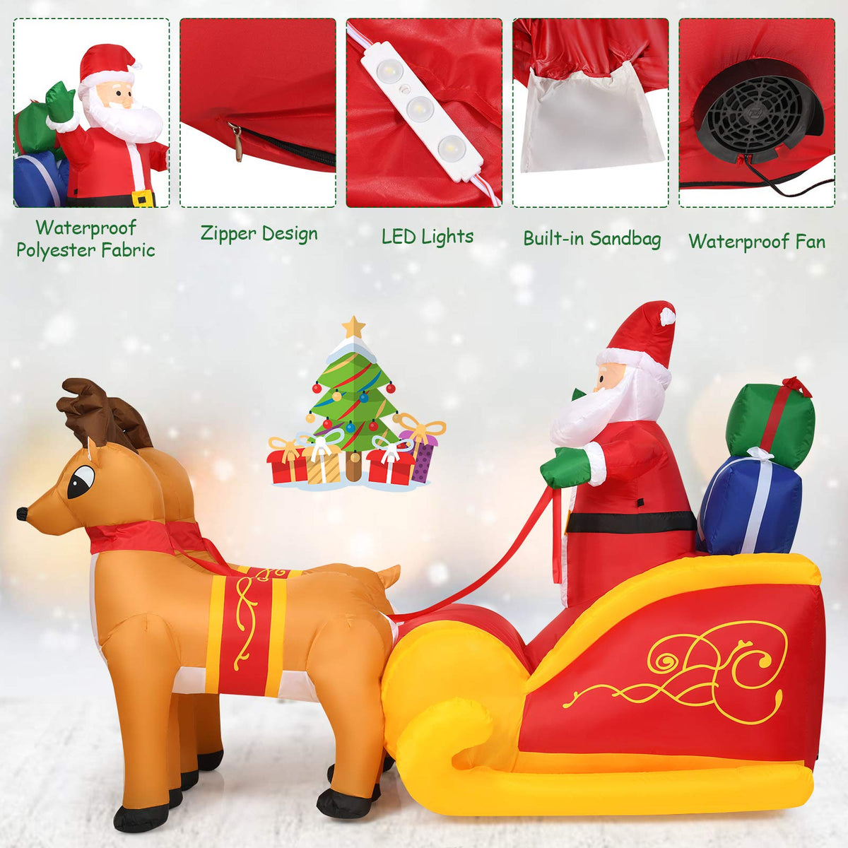 Lucktree 7.5 FT Christmas Inflatable Lighted Santa Claus on Sleigh with Reindeers & Gift Boxes
