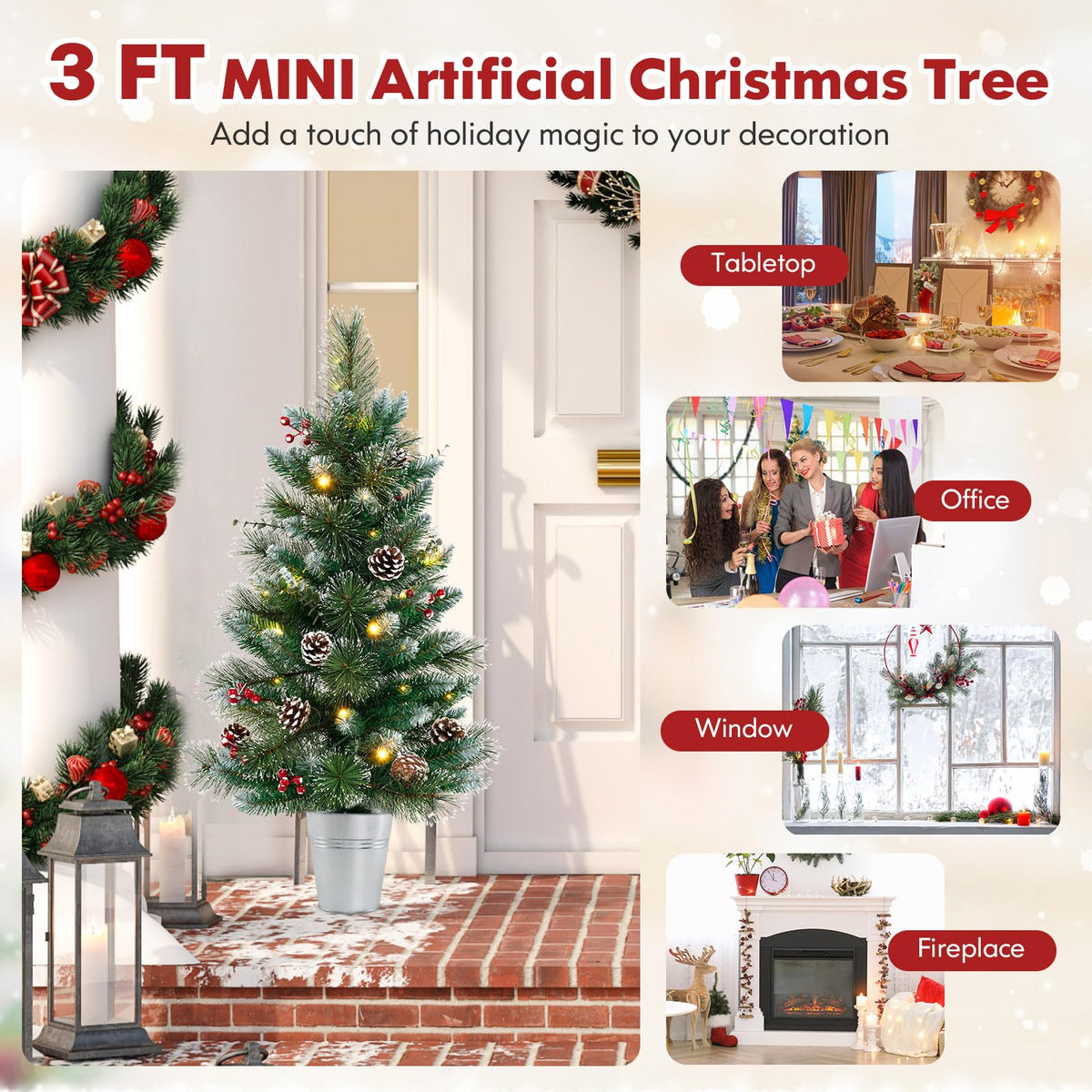 Lucktree 3ft Pre-Lit Mini Tabletop Christmas Tree with 20 Warm White LED Lights, 8 Modes, Timer, 81 PVC & Pine Needles