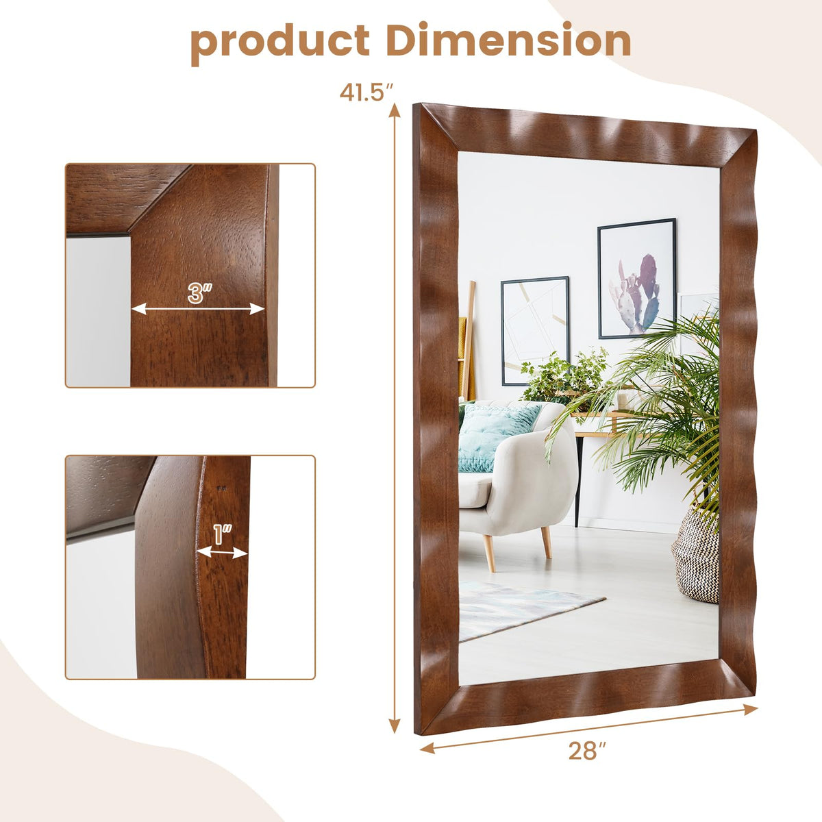 Lucktree 41.5" x 28" Farmhouse Wall Mirror, Rubber Wood Rustic Style Wall Mirror
