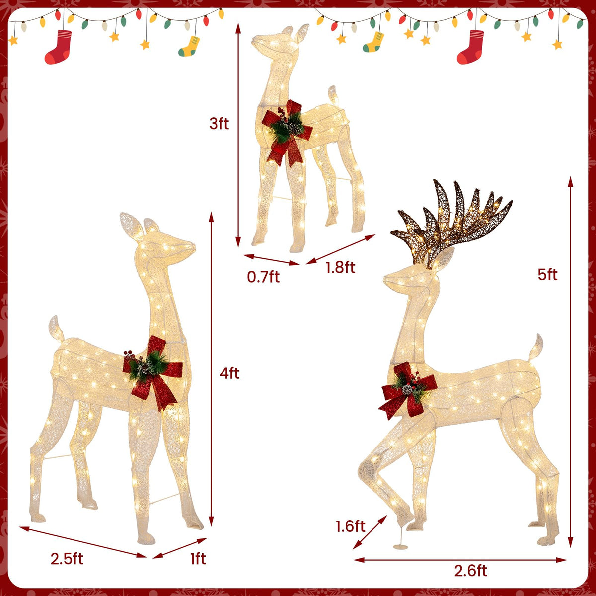 Lucktree 3 Pieces Lighted Christmas Reindeer Family, Xmas Lighted Deer Decoration with 230 Warm White LED Lights