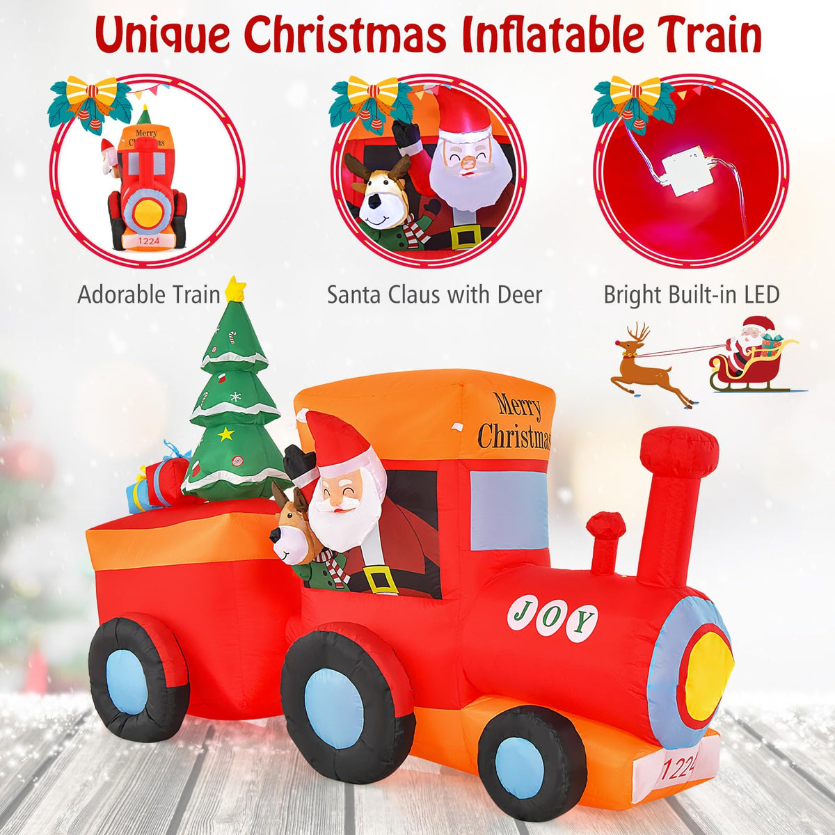 Lucktree 8.6 FT Lighted Christmas Inflatable Santa Claus on Train with Deer & Christmas Tree