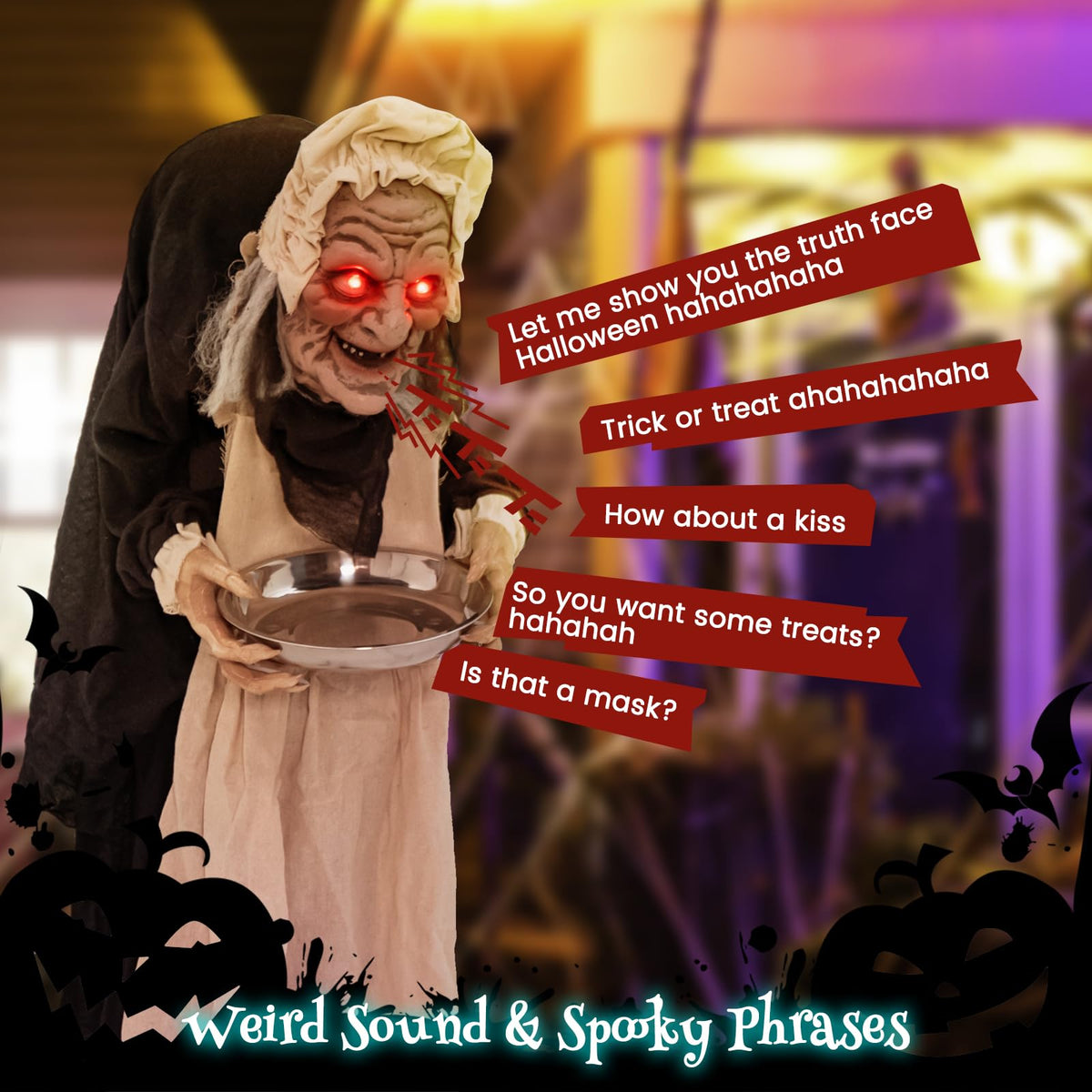 Lucktree 5.2FT Halloween Animated Standing Greeter Old Lady with Candy Dish