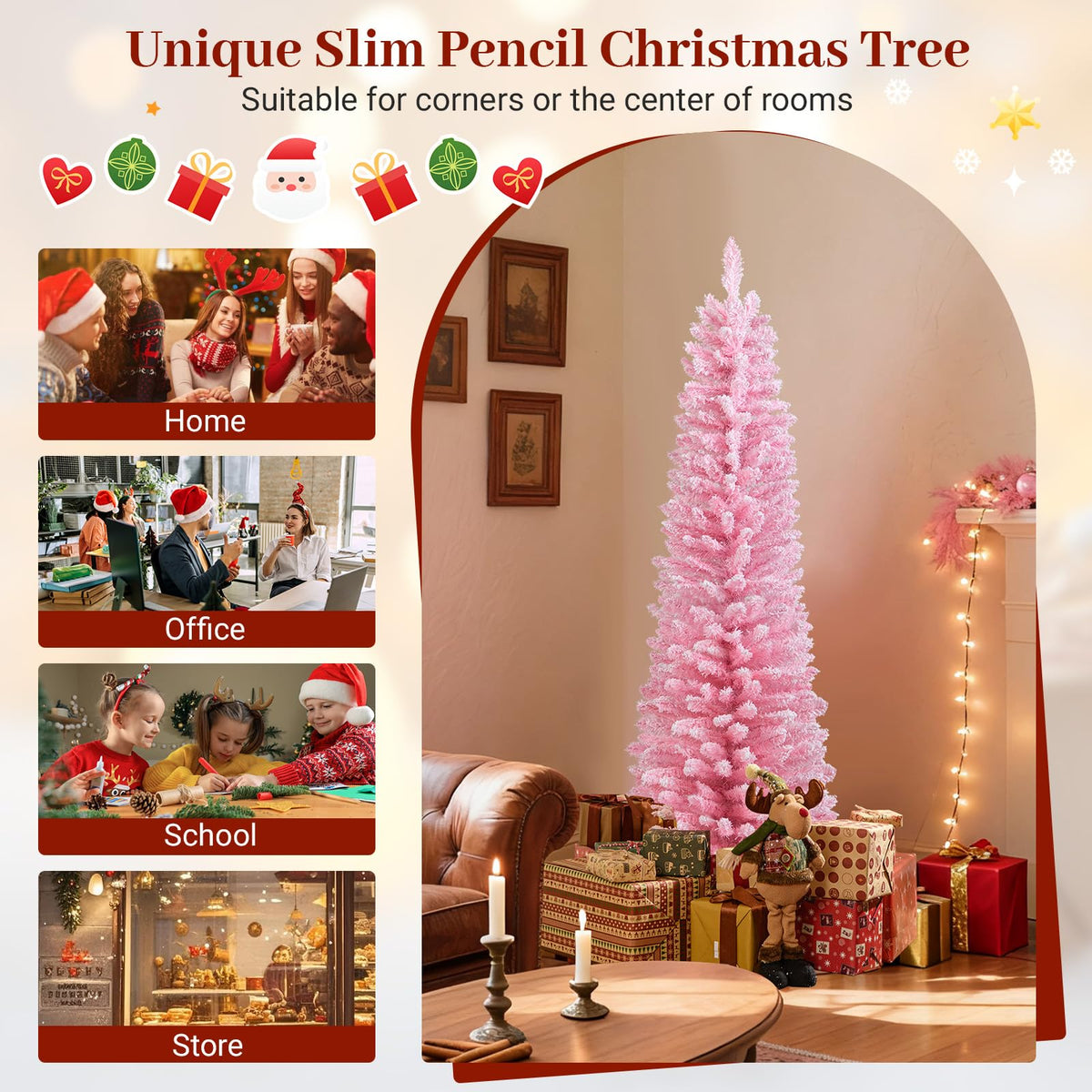 Lucktree 5ft / 6ft Pink Slim Pencil Christmas Tree | Snow Flocked Skinny Xmas Full Tree