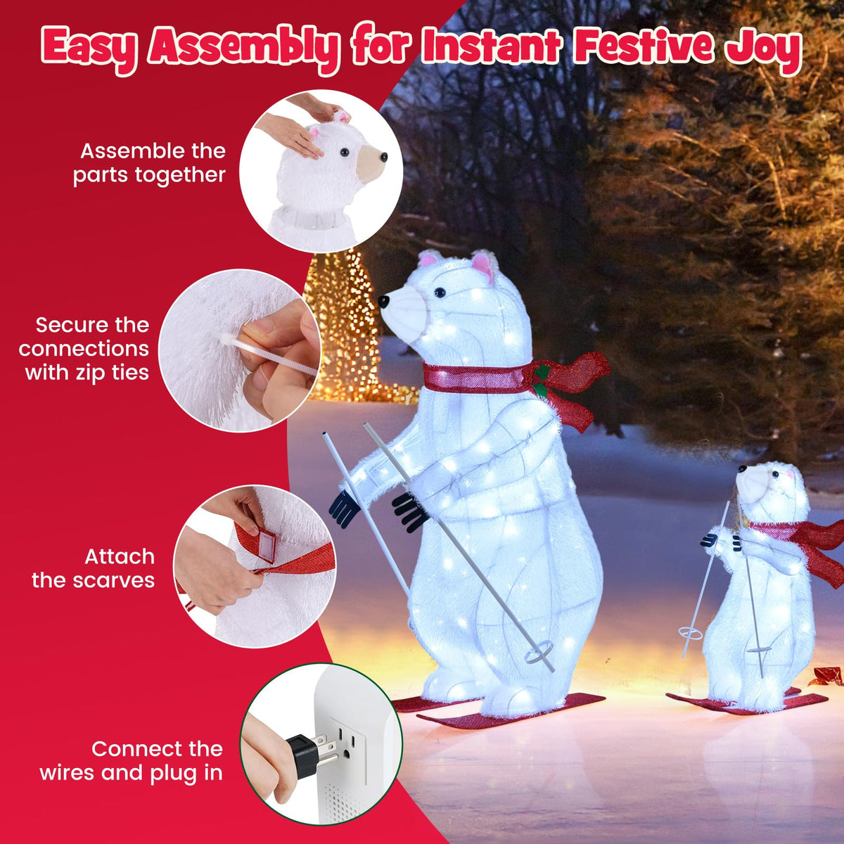 Lucktree 2-Piece Lighted Polar Bear Christmas Decorations